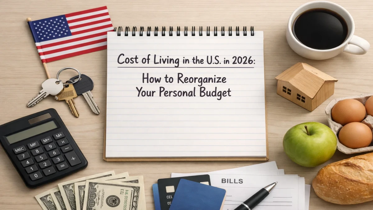Top view of a notebook with the phrase “Cost of Living in the U.S. in 2026: How to Reorganize Your Personal Budget” written on it, surrounded by a calculator, cash, credit cards, house model, groceries, coffee, keys, and a small American flag, representing budgeting and economic planning in personal finance.
