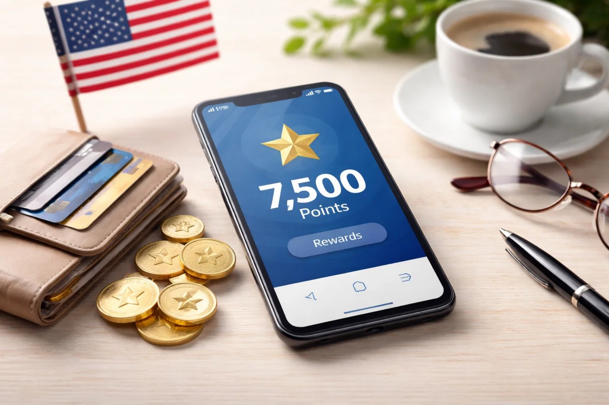 A smartphone displaying a rewards app with 7,500 points sits on a desk beside a wallet filled with credit cards, gold coins, a small U.S. flag, a cup of coffee, glasses, and a pen. The scene illustrates everyday financial habits and highlights credit card tips for maximizing rewards, reflecting the idea of points programs in the U.S. and the underexplored strategies users can leverage to earn and redeem points more effectively.