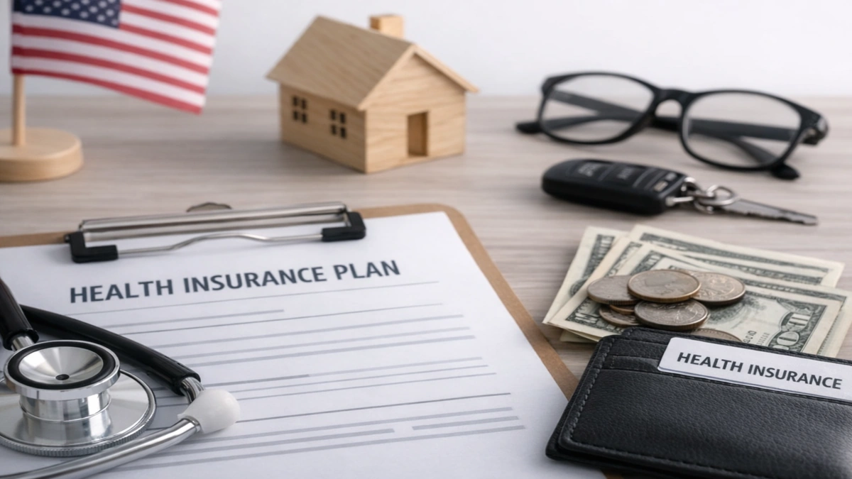 A clean and well-lit desk scene illustrating insurance tips, featuring a clipboard labeled “Health Insurance Plan” with a stethoscope resting on it, surrounded by U.S. dollar bills and coins, a black wallet with a health insurance card, eyeglasses, car keys, a small wooden house model, and an American flag in the background, symbolizing financial planning and healthcare decisions in the United States.