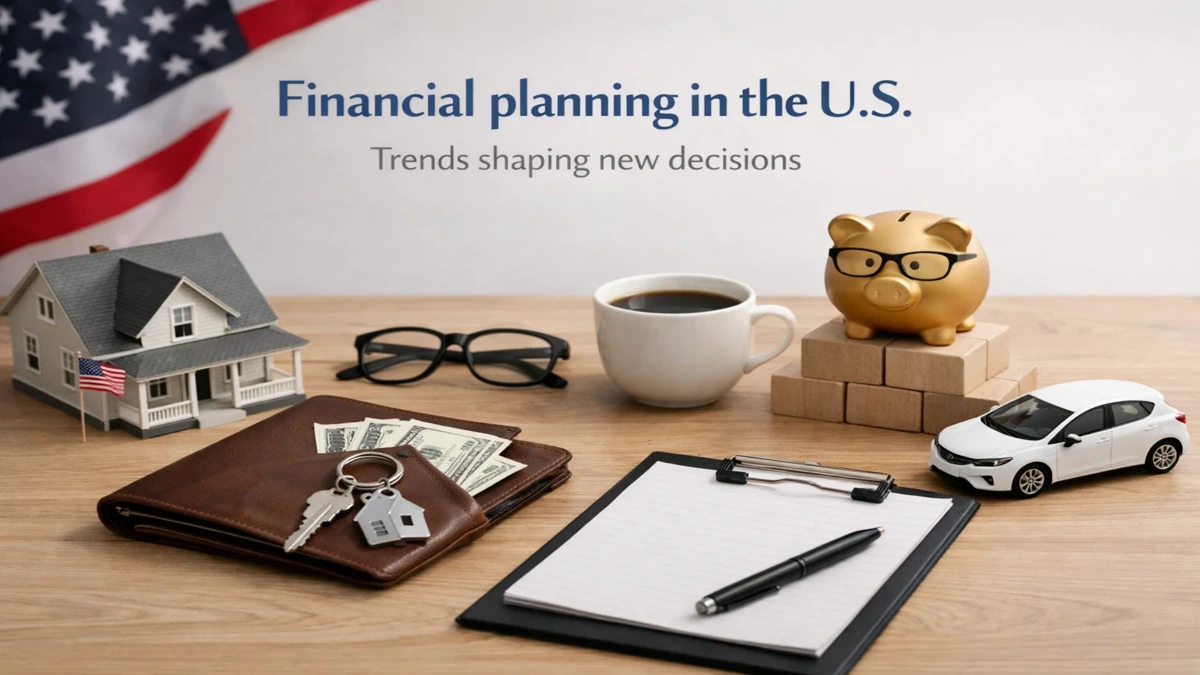 A clean and organized workspace illustrating personal finance in the United States, featuring a piggy bank with glasses, a miniature house, a wallet with cash and keys, a clipboard with a pen, a cup of coffee, and a small car, all arranged on a wooden desk with an American flag in the background, symbolizing financial planning decisions and economic lifestyle choices.
