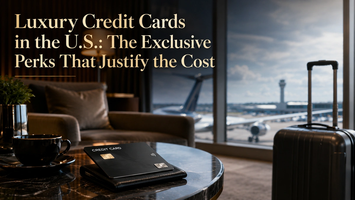 Luxury airport lounge scene featuring a sleek black premium credit card resting on a leather wallet atop a polished marble table, with a coffee cup nearby and a suitcase beside large terminal windows overlooking airplanes on the runway. Elegant warm lighting and minimalist decor create an upscale travel atmosphere. Large serif headline on the image reads “Luxury Credit Cards in the U.S.: The Exclusive Perks That Justify the Cost”. Ideal illustration for articles about luxury travel rewards, premium banking benefits, and credit card tips.