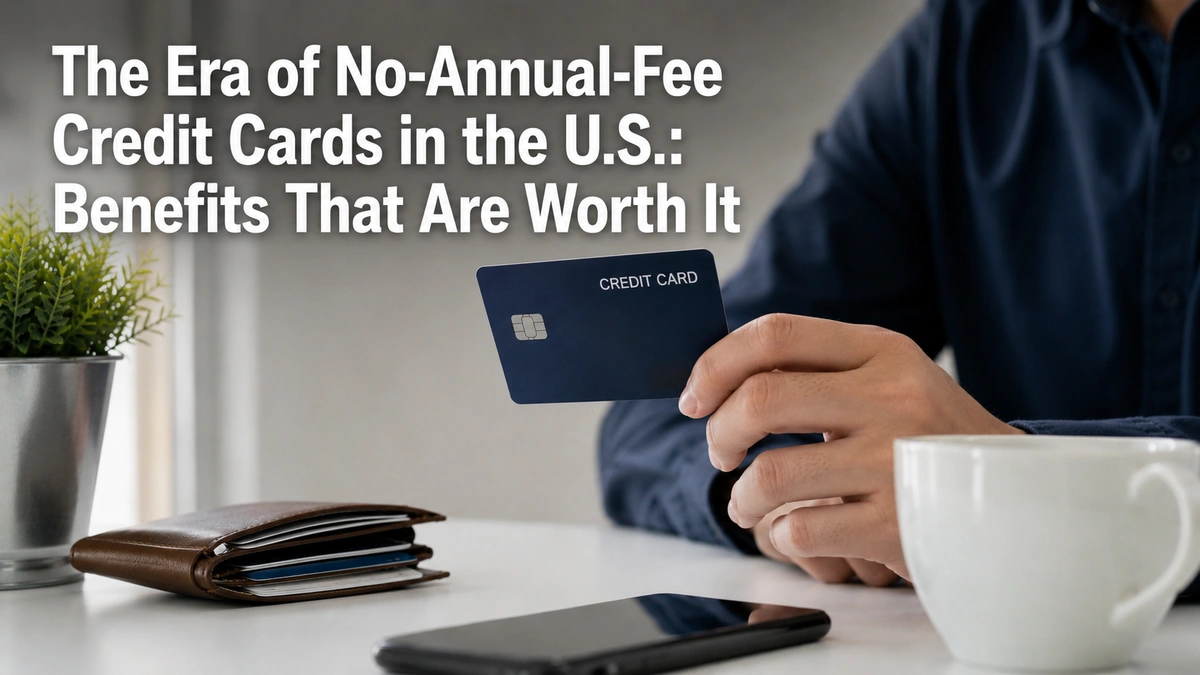 Minimalist promotional image about credit card benefits in the United States featuring a person holding a dark blue credit card at a clean desk with a wallet, smartphone, coffee mug, and small plant in soft natural lighting. Large white headline text reads “The Era of No-Annual-Fee Credit Cards in the U.S.: Benefits That Are Worth It.” Modern financial lifestyle scene optimized for blog content and credit card tips.