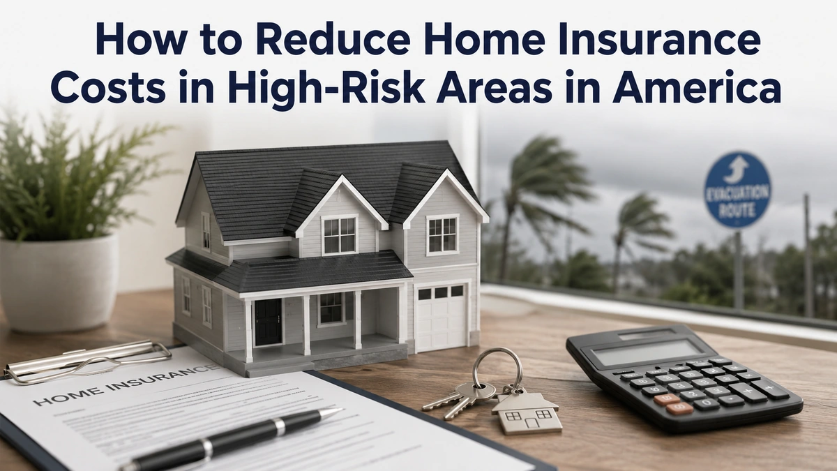 Minimalist realistic scene showing a model house on a desk with insurance documents, house keys, and a calculator, while a stormy high-risk coastal environment appears in the background. The title “How to Reduce Home Insurance Costs in High-Risk Areas in America” is displayed at the top, illustrating practical insurance tips for homeowners in the United States.