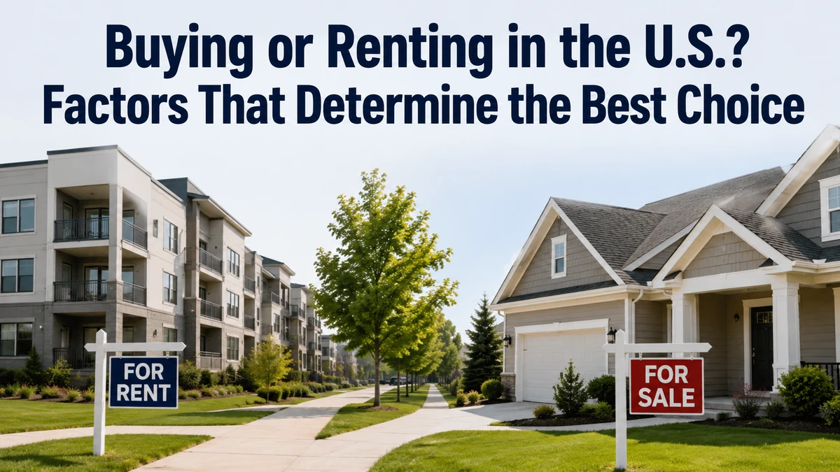 Personal finance concept illustration showing a clean and realistic U.S. suburban neighborhood. On the left, a modern apartment complex is displayed with a “For Rent” sign, while on the right, a detached single-family home features a “For Sale” sign. A landscaped sidewalk and green lawn run through the center, visually representing the decision between renting and buying a home in the United States. At the top of the image, the title reads “Buying or Renting in the U.S.? Factors That Determine the Best Choice.” The composition is minimalistic, bright, and professional, emphasizing housing choices, homeownership, and rental decisions related to personal finance.